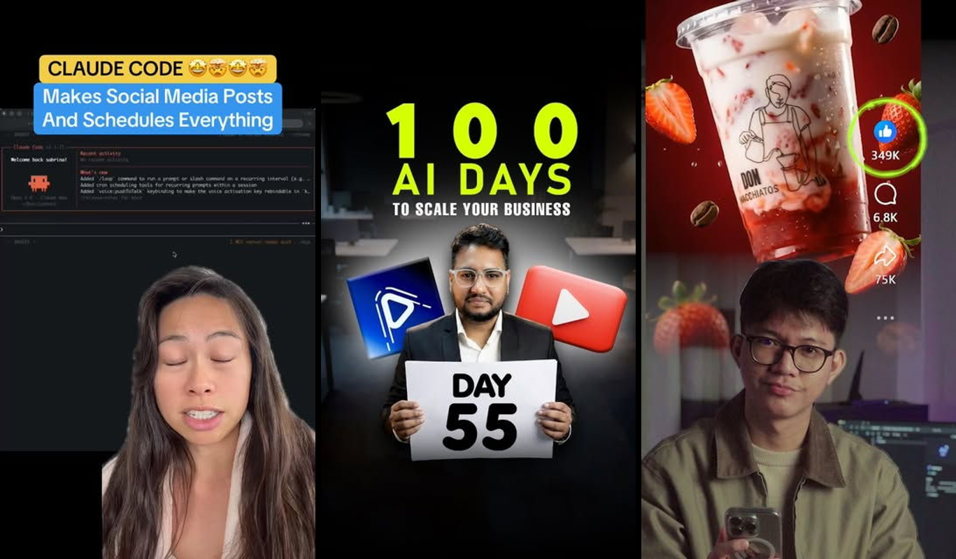 Person at computer creating automated video content with fast workflow graphics and time-saving interface elements