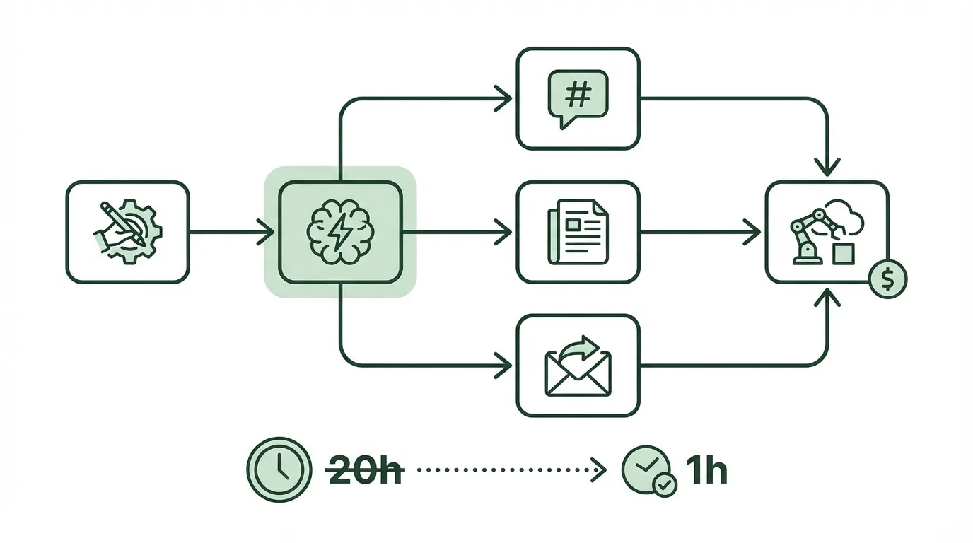 AI automation dashboard showing content workflow reducing weekly work hours from 20 to automated system earning $83/month