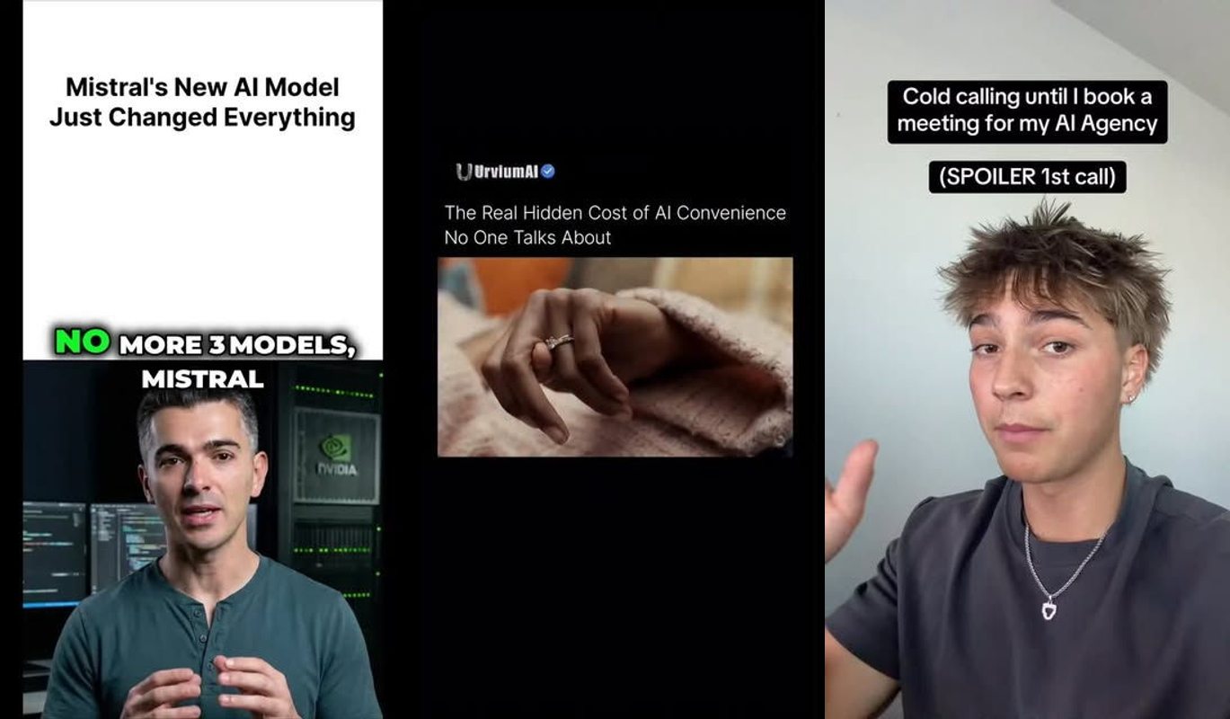 Business owner at computer with money symbols floating away, replaced by automated content creation dashboard showing $47 ...