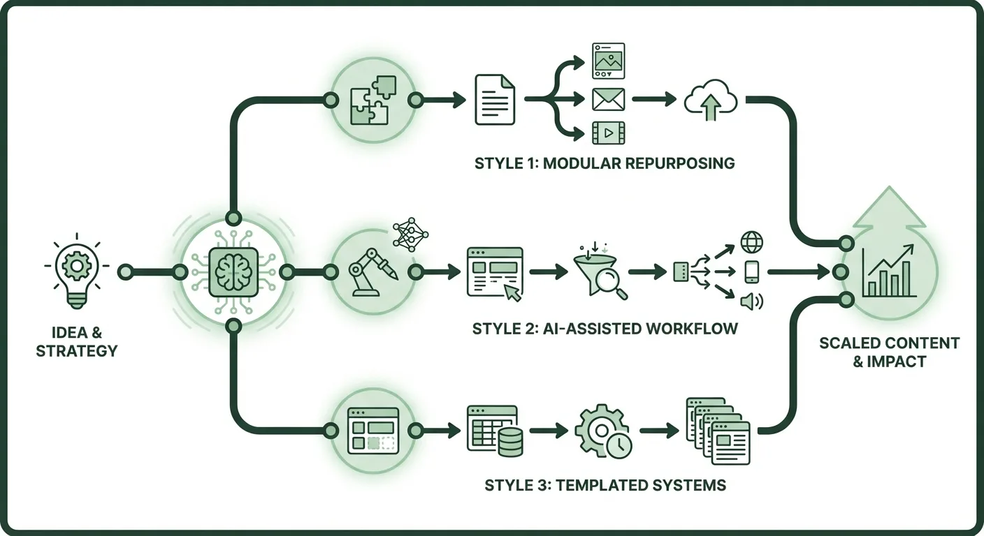 Person at computer with automated content workflow diagrams and scaling arrows, representing streamlined content creation